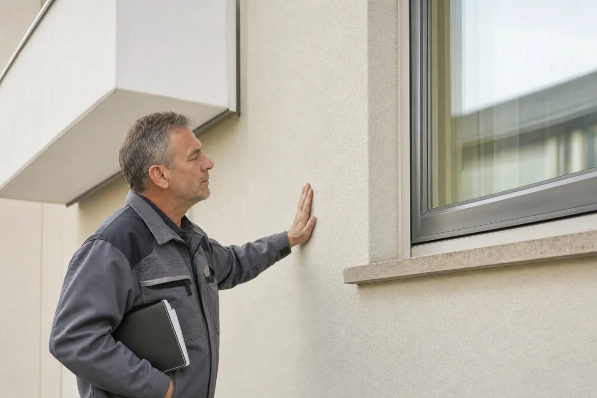 Ein Energieberater prüft von außen den Anschluss zwischen Fensterrahmen und Wand an einem für Düsseldorf typischen Wohnhaus.